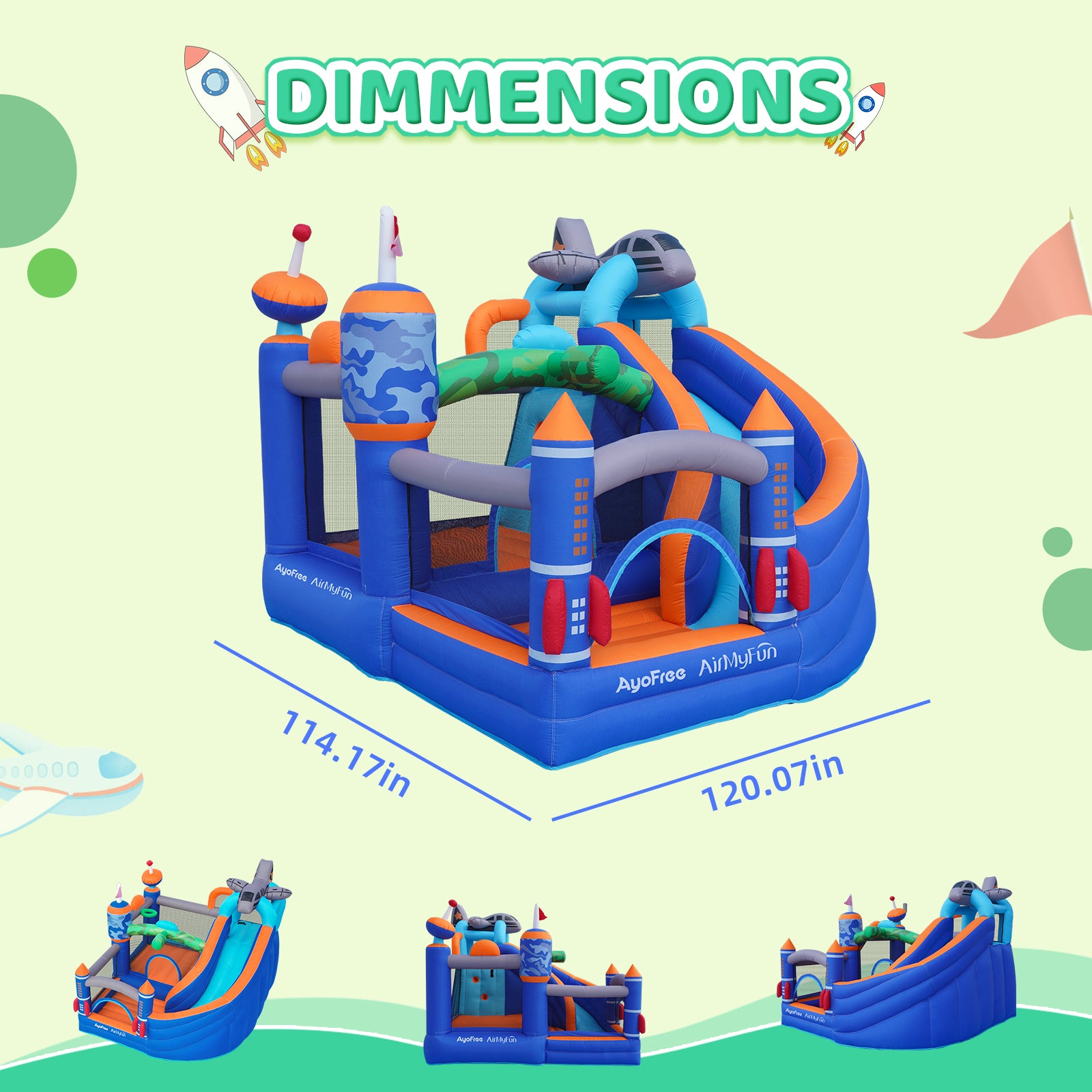 The aerospace-themed AirMyFun bounce house measures 120.07 inches in length, 114.17 inches in width, and 100.39 inches in height when inflated, and has a capacity of 2-4 children.