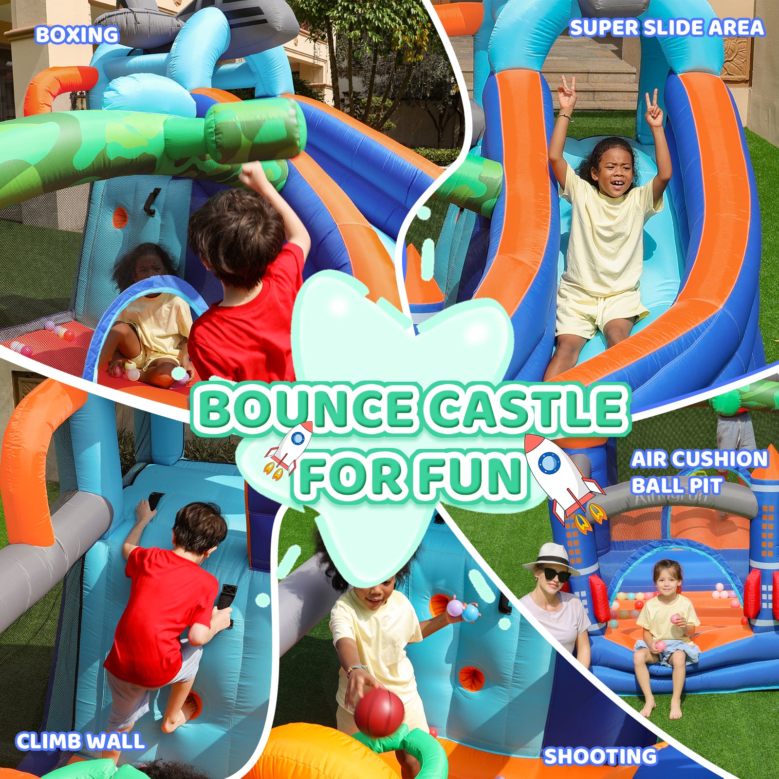 Kids happily playing in the bounce house.