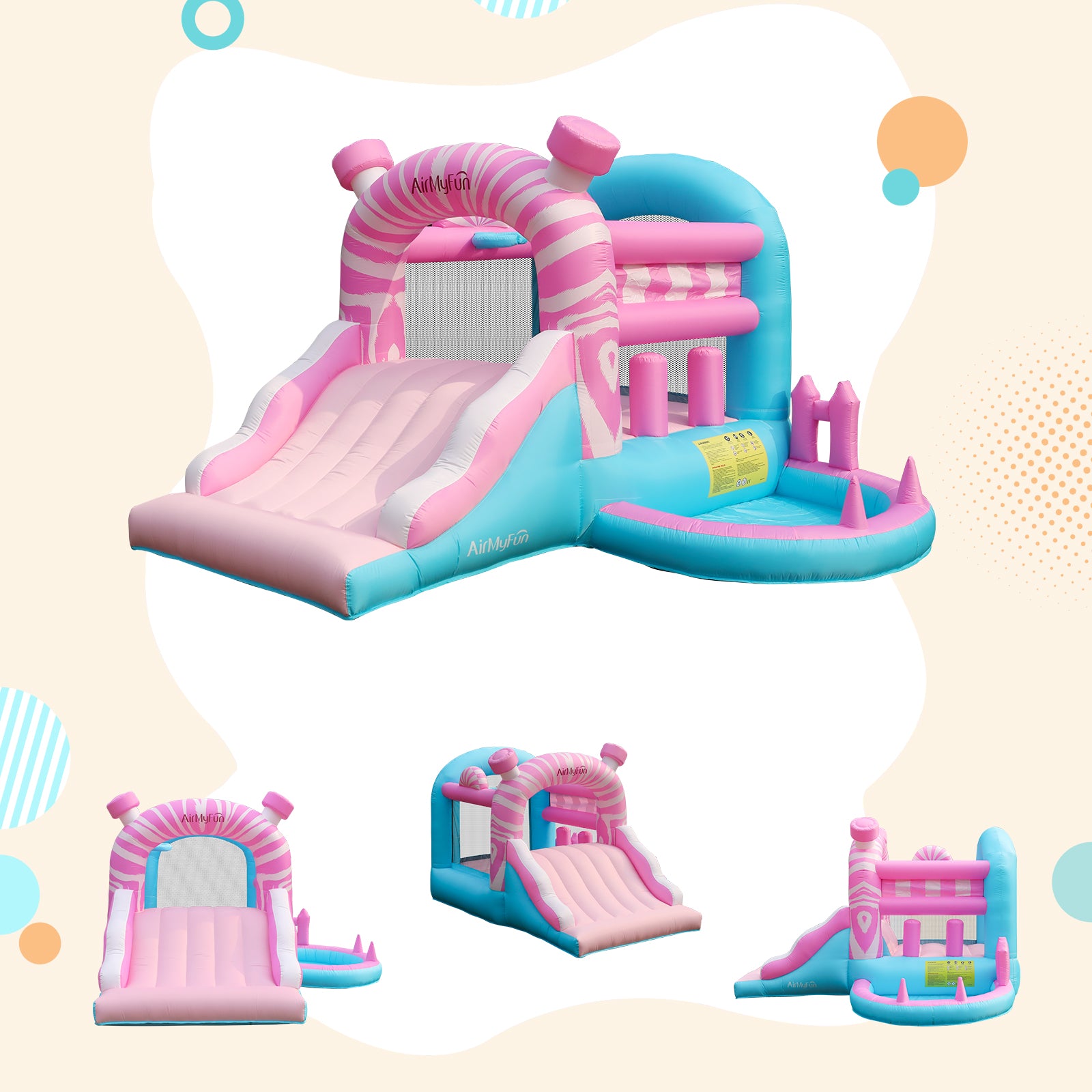 A vibrant pink mini bounce house designed for kids, featuring a colorful ball pit, a small slide, a basketball hoop, and a jumping area. Perfect for indoor or backyard play, this durable and safe inflatable castle brings endless fun to toddlers and young children.