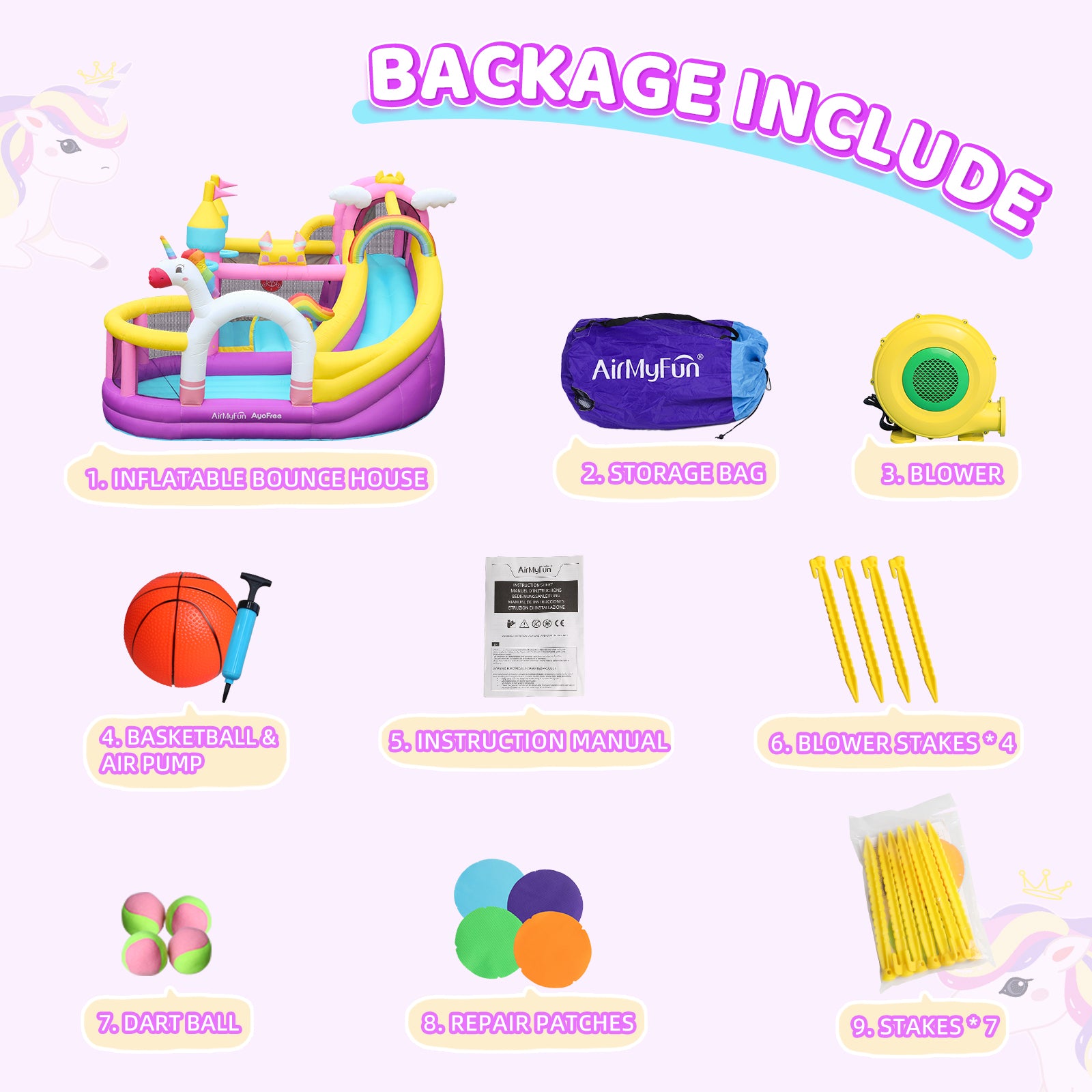 AirMyFun Unicorn Bounce House includes 9 accessories.