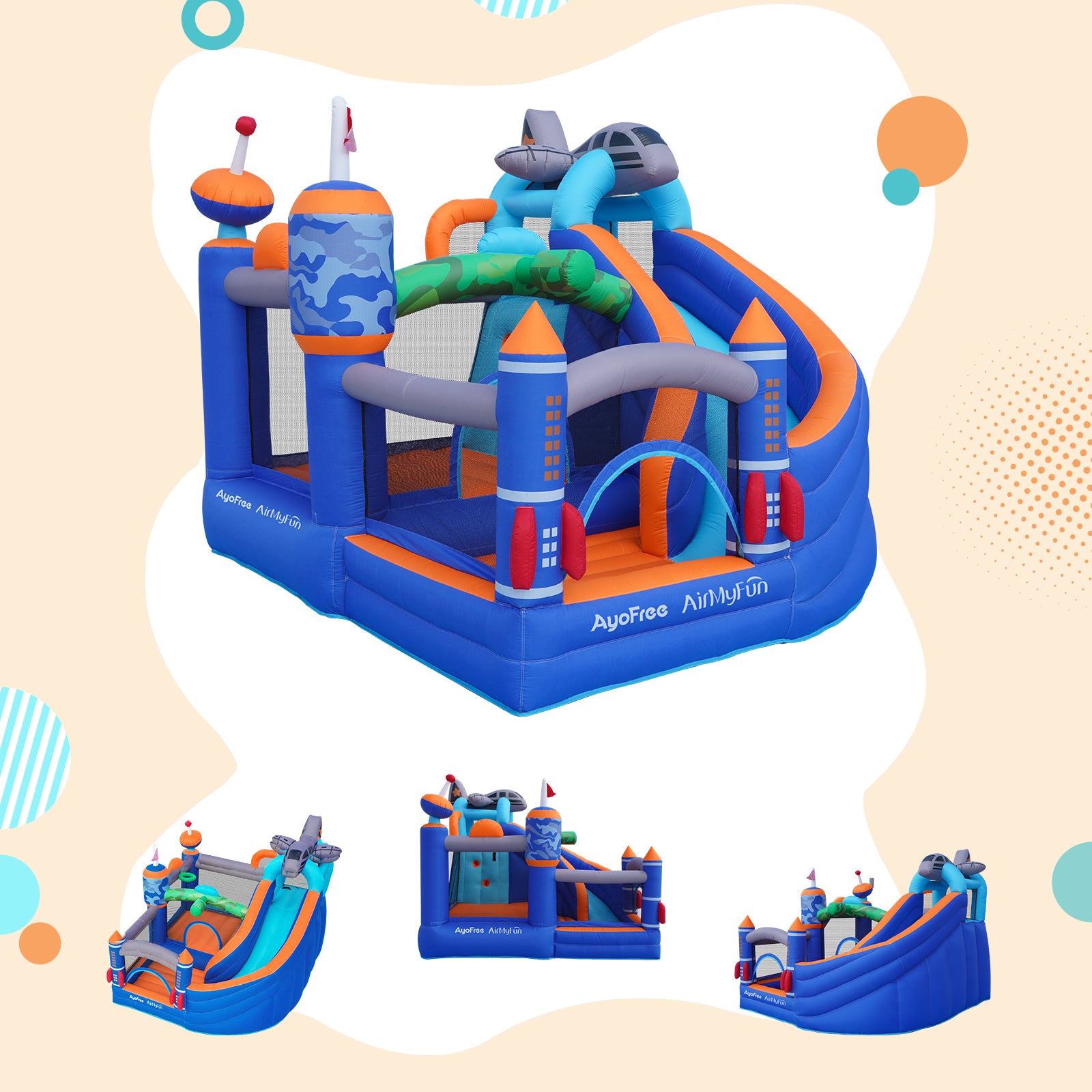 The aerospace-themed AirMyFun bounce house consists of a bounce area, ocean ball pool area, slide area, and basketball area.