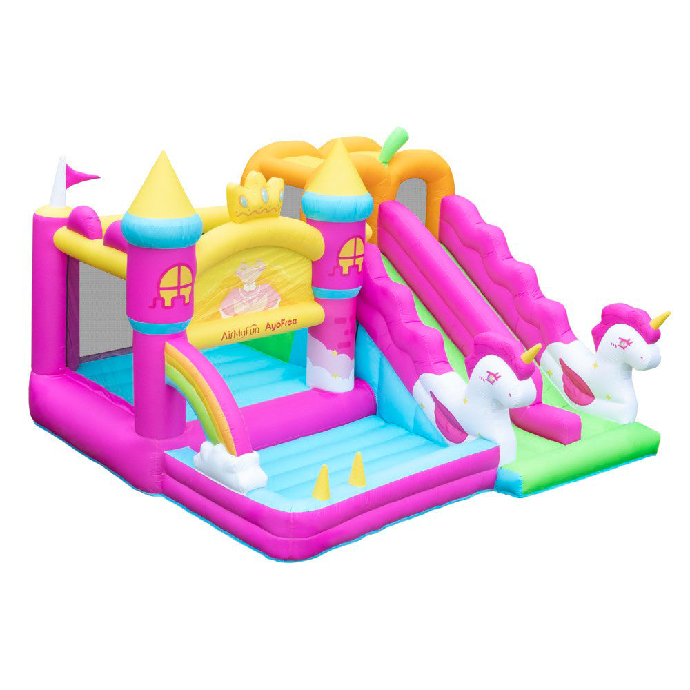 Featuring a double air cushion and double slides, the Unicorn Theme Bounce House is suitable for indoor and outdoor play and is sturdy and durable enough for toddlers and kids.