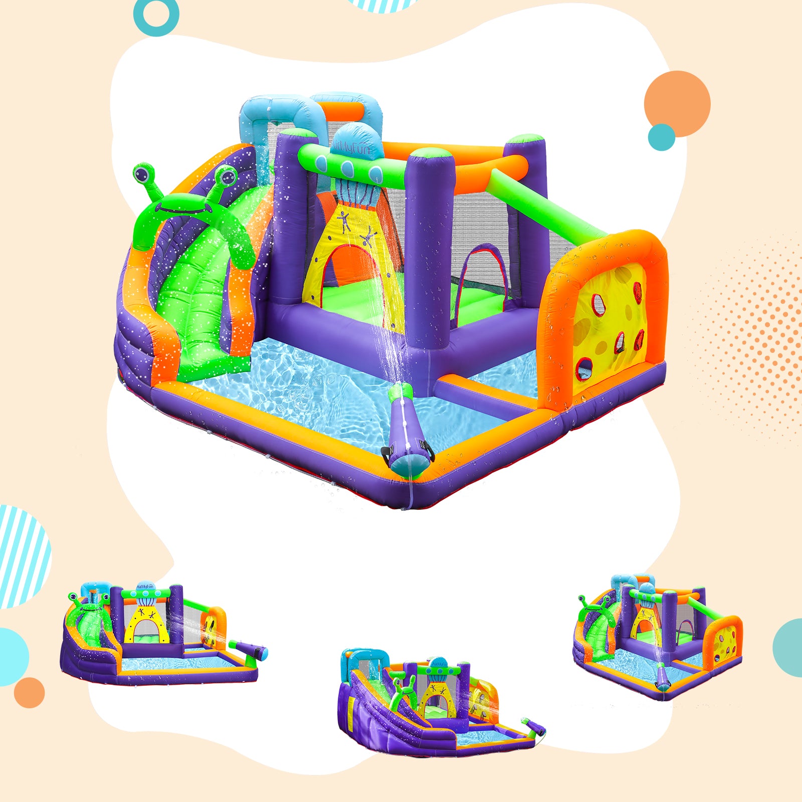 AirMyFun Alien themed water slide with large pool, ball drop area, bouncing area and slide feature. Slide area and pool area with water sprinkler function.