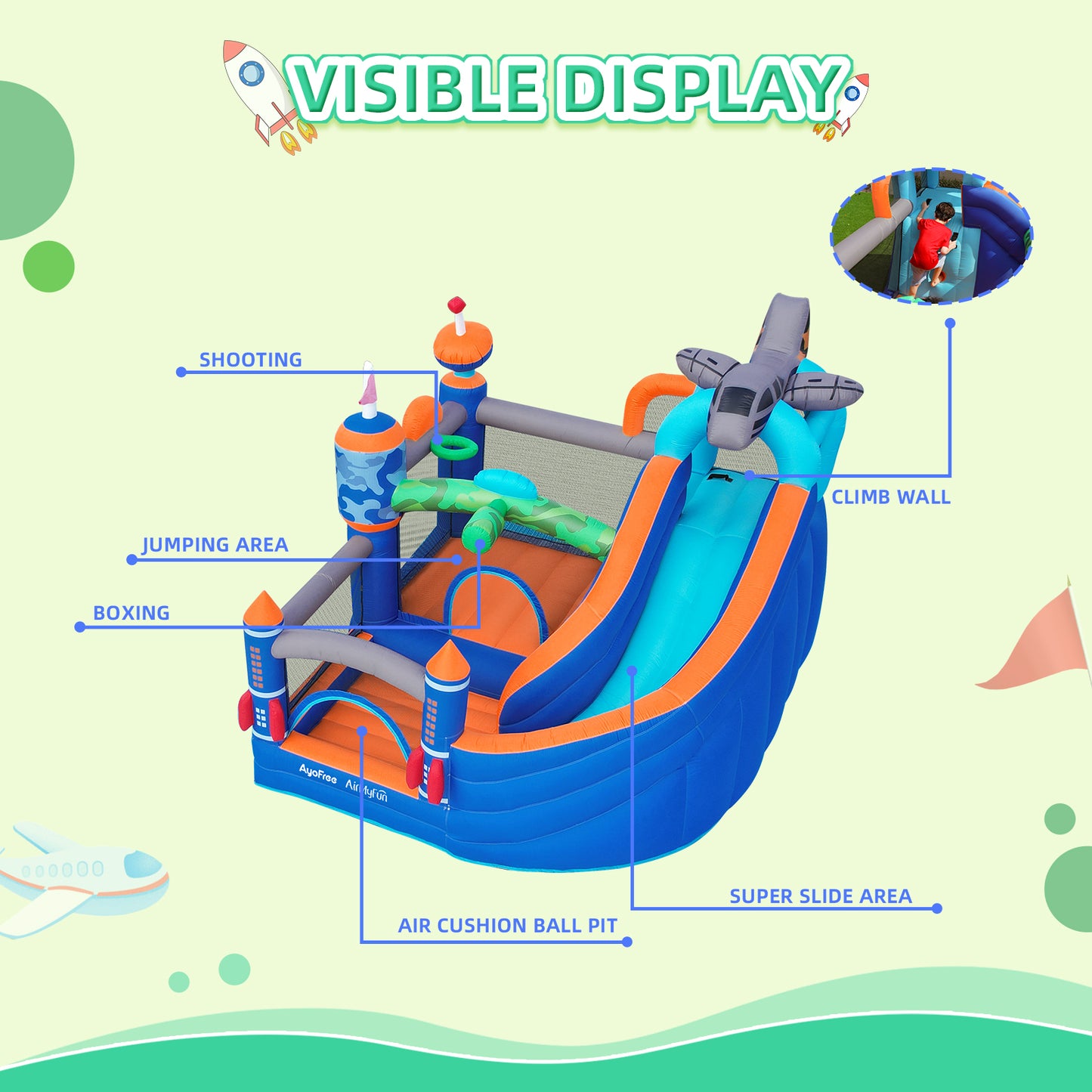 The aerospace-themed AirMyFun bounce house for kids ages 3-8 to box, jump, play basketball, play on slides for kids' parties!