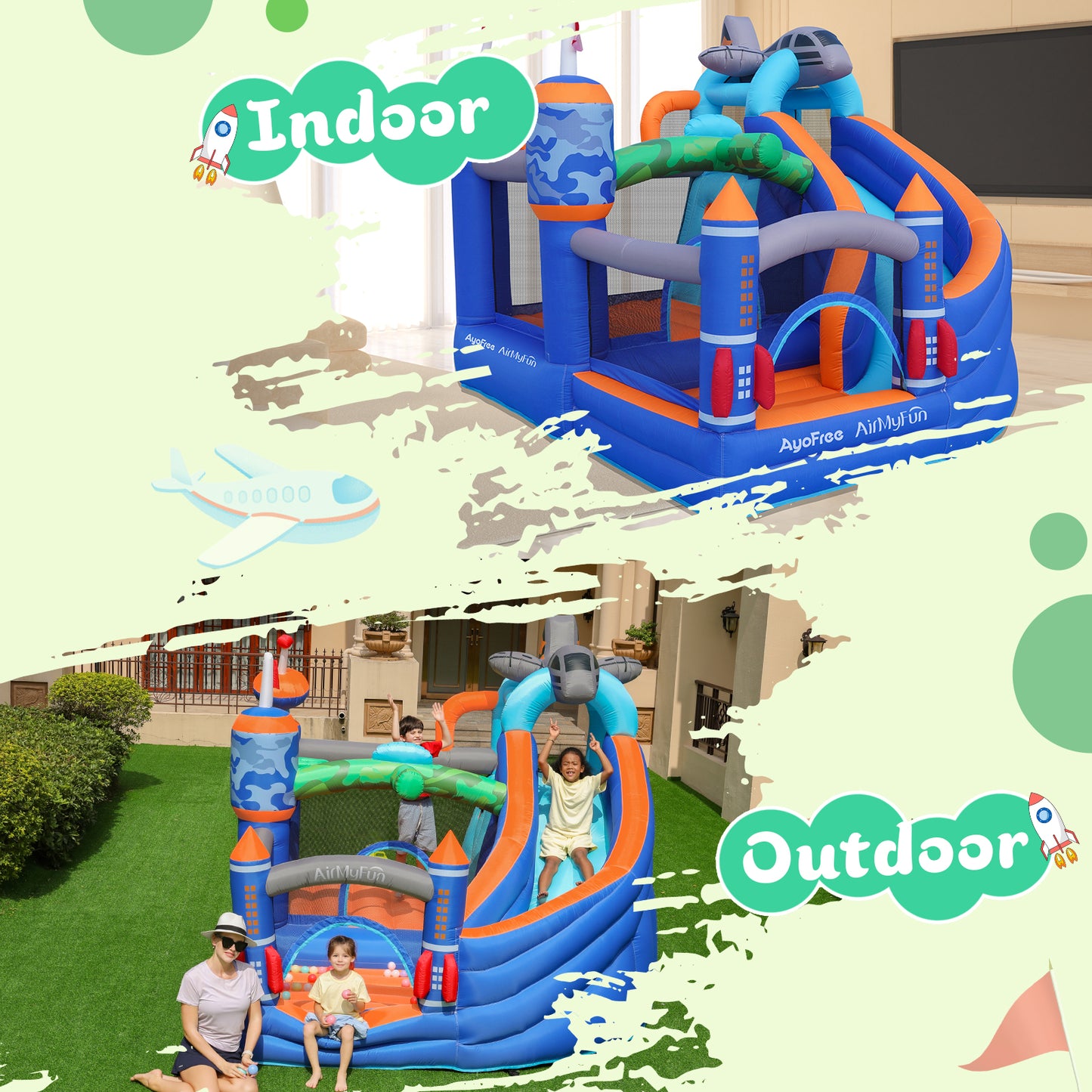 The aerospace-themed AirMyFun bounce house can accommodate both indoor and outdoor play!
