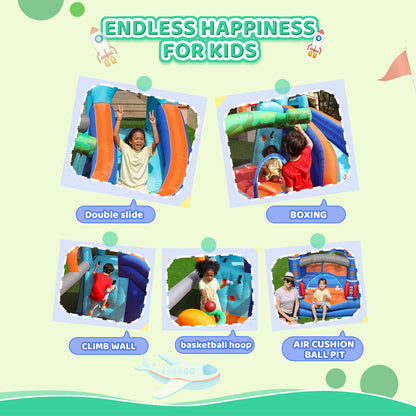 Kids play with slides, boxing, climbing, basketball, ocean balls in the bounce house!
