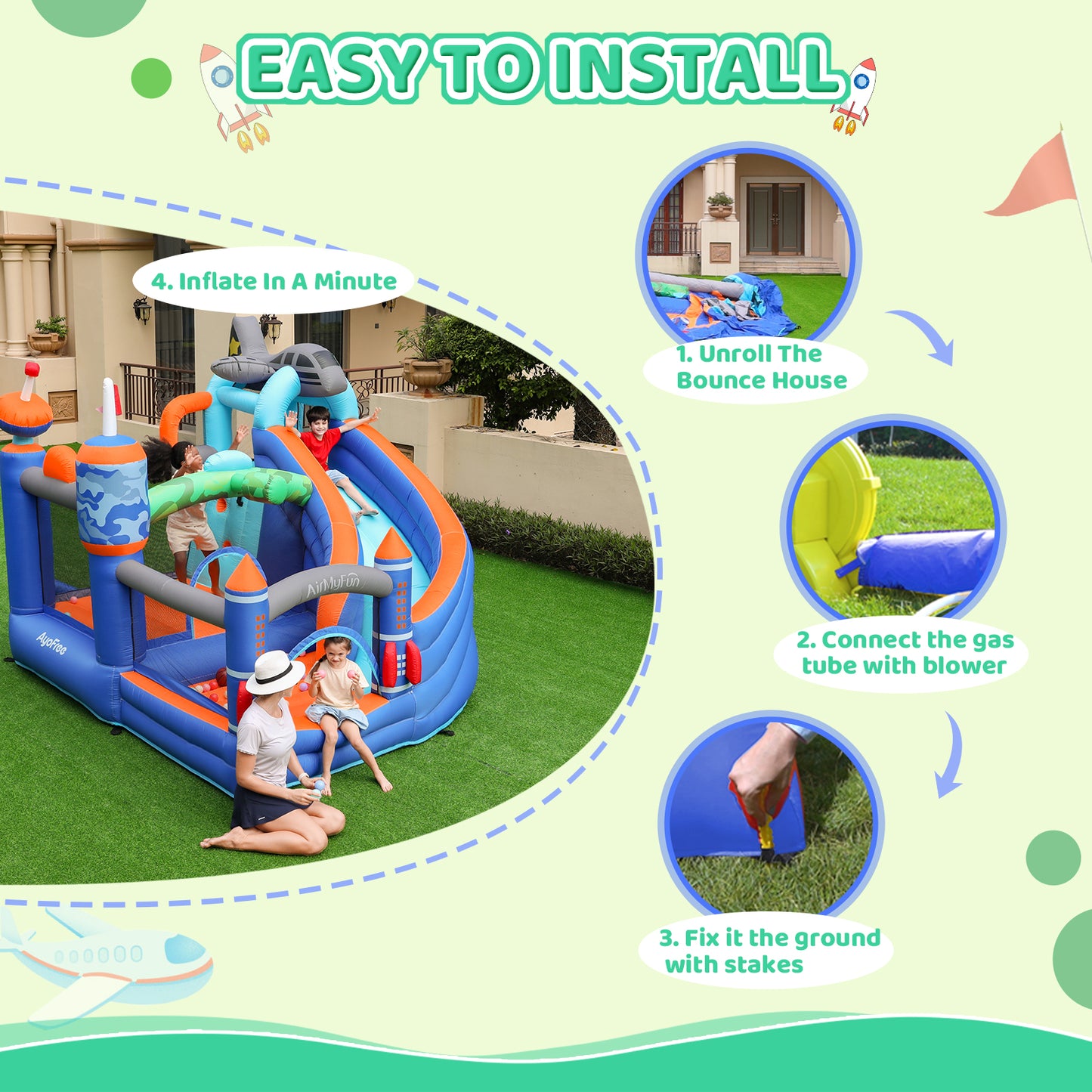 The AirMyFun bounce house is easy to install and can be successfully installed in just four steps