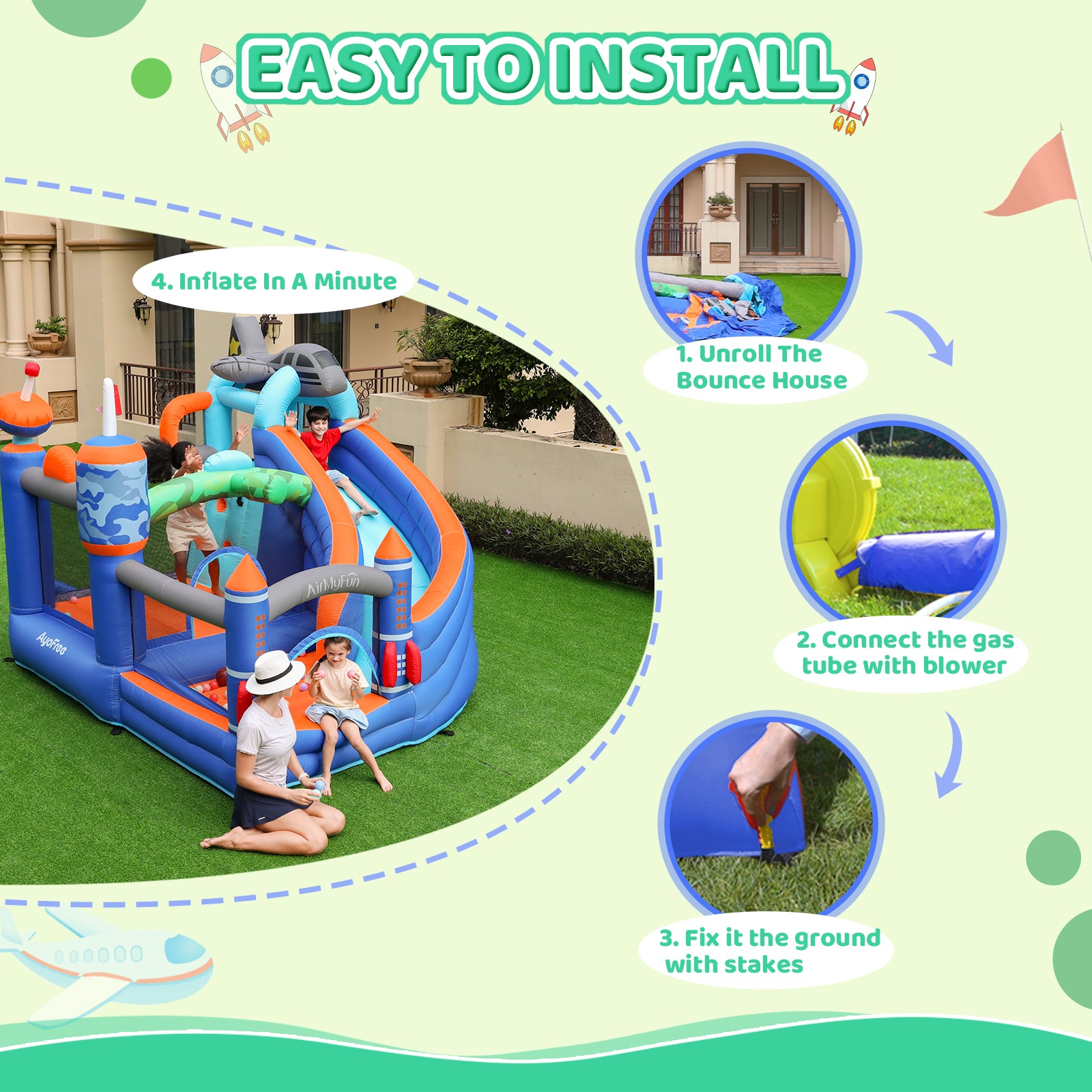 The AirMyFun bounce house is easy to install and can be successfully installed in just four steps