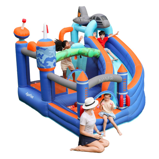 The aerospace-themed AirMyFun bounce house allows 2-4 children to play at once!