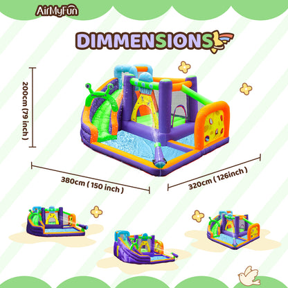 This water slide is 126 x 150 x 79 inch. Suitable for 4-6 Children to play together in the yard, park, lawn, etc. Besides, it is an amusement park where kids can do exercise and promote friendship.