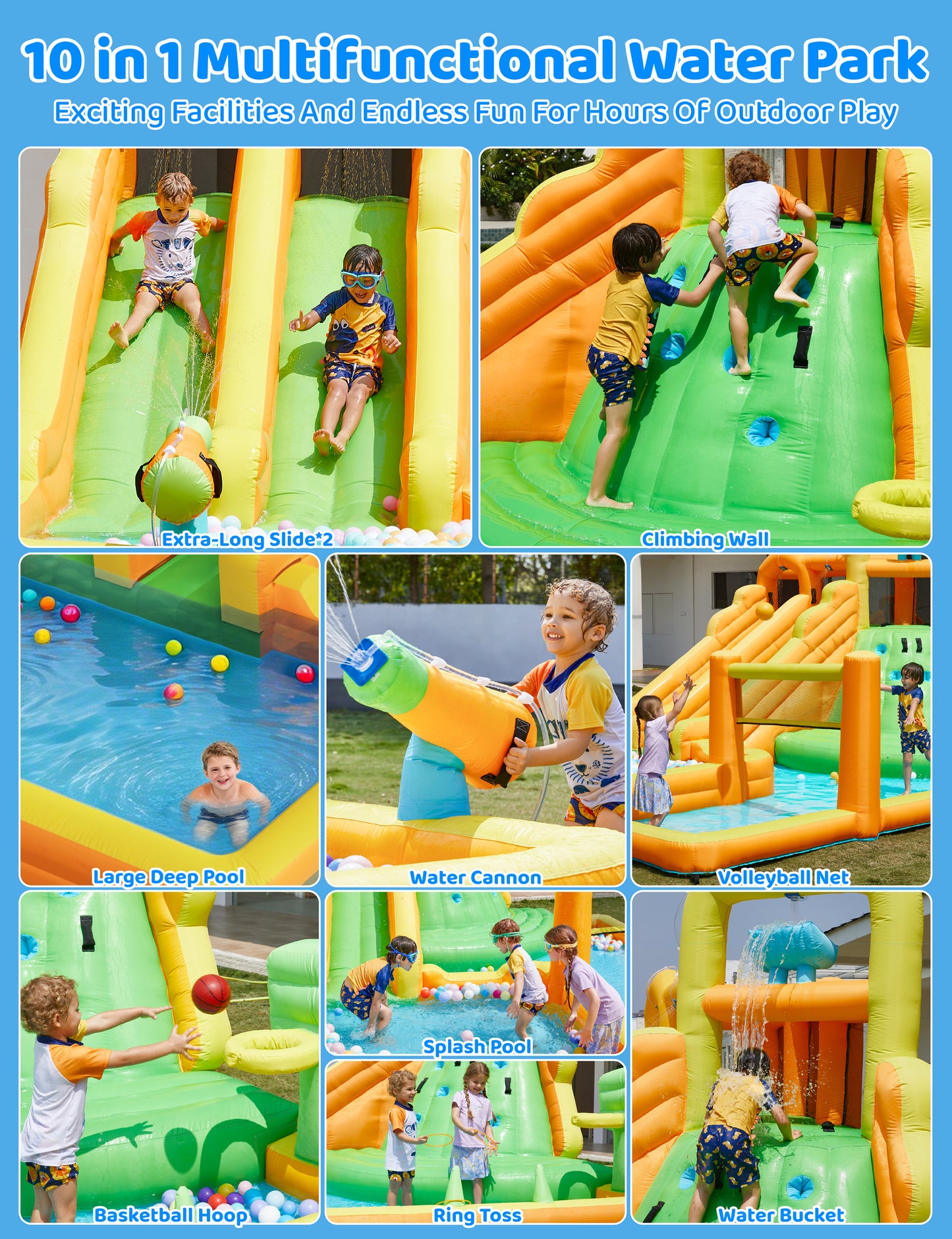 10 in 1 Water Park with Double Long Slides