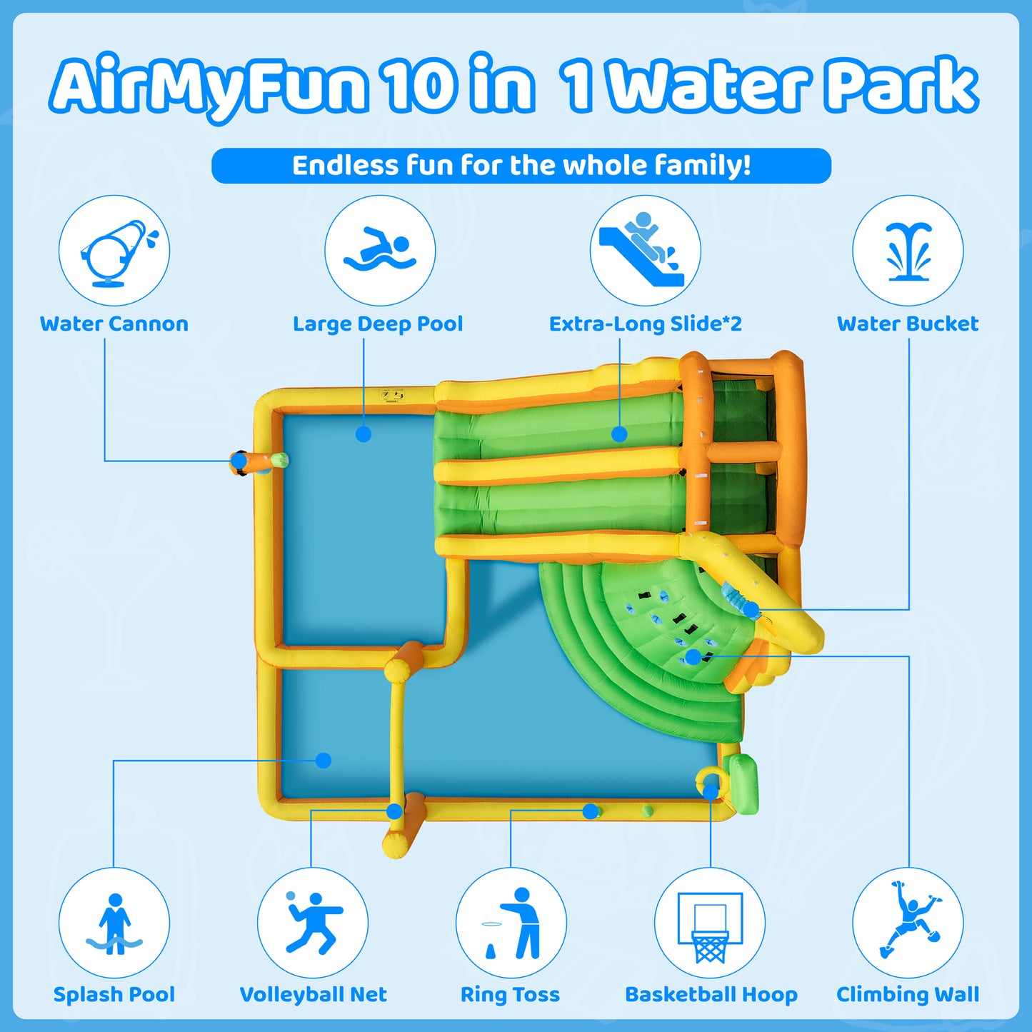 10 in 1 Water Park with Double Long Slides
